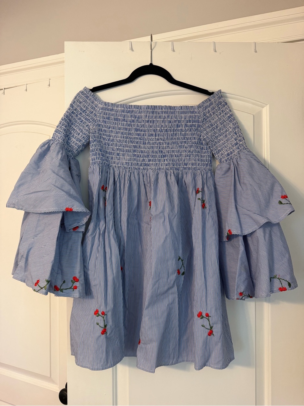 Aqua Light Blue Striped Off-Shoulder Dress with Red Floral Embroidery